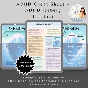 May include: A three-page digital ADHD resource set featuring an ADHD Cheat Sheet and two ADHD Iceberg handouts. The documents include text, charts, and diagrams explaining executive functioning, common challenges, and support strategies for ADHD.