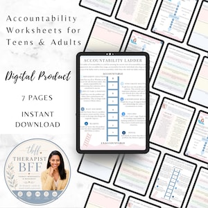 May include: A digital product set of 7 accountability worksheets for teens and adults, featuring a central tablet display showing an accountability ladder graphic with numbered steps from 1 to 8, surrounded by multiple page layouts and text.