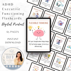 May include: A collection of ADHD executive functioning flashcards displayed on a tablet and scattered around it. Each card features a title, a colorful illustration, and a tip. The central tablet screen shows a pink brain character with the text Flexible Thinking.