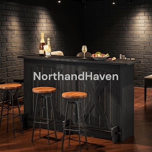 May include: A black wooden bar counter with an X-pattern design and the text NorthandHaven, accompanied by two bar stools featuring round wooden seats and black metal frames. The bar top holds two glass bottles, a wine glass, and a bowl of fruit.