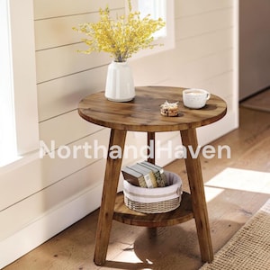 Solid Wood Round End Table, Sofa Side Table with Storage Shelf, Farmhouse Nightstand for Living Room Bedroom, Easy Assembly
