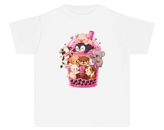 Kawaii Bubble Tea Pile of Cute Animals Youth Tee | Boba Puppy Penguin Teddy Bear Cat