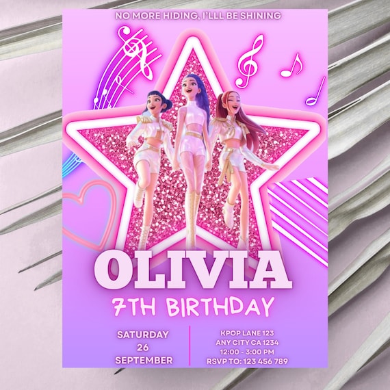 Huntrix Birthday Invitation Editable, KPOP Demon Hunters Golden Girl Group Invite, Instant Download Canva Template