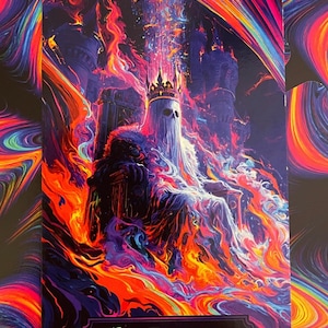 May include: A rectangular tarot card titled The Emperor featuring a central figure with a skull-like face wearing a crown, seated on a throne amidst swirling, vibrant neon colors of orange, red, blue, and purple, with a castle silhouette.