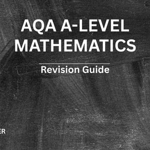 Op de afbeelding: Een zwart-wit boekomslag met de titel AQA A-LEVEL MATHEMATICS Revision Guide door A. Mercer. De achtergrond heeft een donker, getextureerd schoolbordpatroon met zichtbare witte krijtstrepen en vegen over het gehele oppervlak.