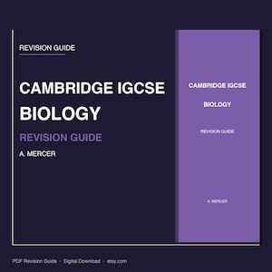 May include: A digital revision guide for Cambridge IGCSE Biology by A. Mercer. The cover features a dark purple background with white text reading REVISION GUIDE, CAMBRIDGE IGCSE BIOLOGY, and A. MERCER. A lighter purple vertical panel repeats the title.