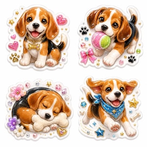 May include: Four decorative stickers featuring beagle puppies in various poses: one sitting with a bone charm, one holding a ball, one sleeping with a bone, and one running with a blue bandana, all accented with colourful gems, stars, and hearts.