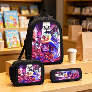 May include: A black backpack, a rectangular lunch bag, and a pencil case, each featuring a colorful graphic print of animated characters and the text GLITCH. The items have black zippers and are displayed together as a matching set.