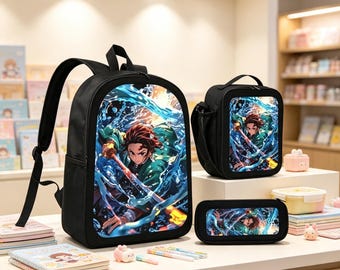 Conjunto de Mochila Tanjiro Demon Slayer, Mochila com Estampa de Respiração Aquática do Anime, Lancheira e Estojo para Lápis