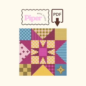 May include: A digital cross stitch pattern featuring a central star motif composed of pink, yellow, and magenta squares. The design includes various geometric blocks in blue, pink, and gold. The text Piper Made Studio and a PDF icon are visible.