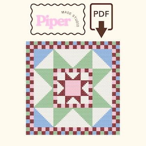 May include: A digital PDF pattern for a square quilt block featuring a central pink square surrounded by dark red, white, and light green geometric shapes. The block has a checkered border in pink, light blue, light green, and dark red. Text reads Piper Made Studio.