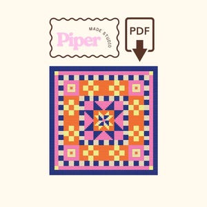 May include: A digital PDF pattern for a square quilt block featuring a geometric design in orange, pink, yellow, and dark blue. The text Piper Made Studio is displayed in a scalloped frame above the pattern, accompanied by a PDF download icon.