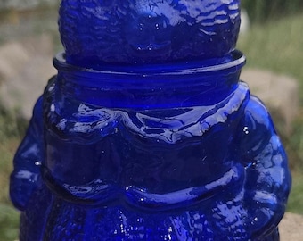 Vintage Cobalt Blue Glass Bunny Rabbit Covered Jar, Beatrix Potter Mrs Tiggy Winkle Figural Candy Dish, Retro Easter Mama Bunny Canister