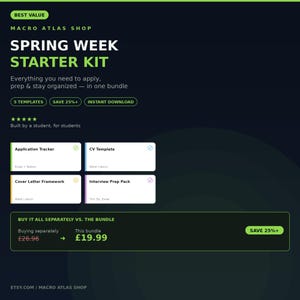 May include: A digital Spring Week Starter Kit bundle from Macro Atlas Shop featuring an application tracker, CV template, cover letter framework, and interview prep pack. The dark background includes white and green text detailing the contents.