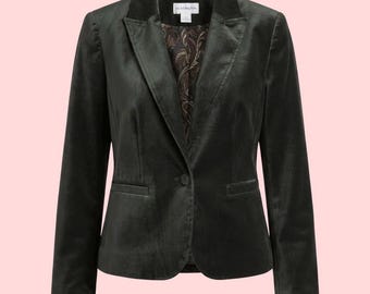 Y2K Olive Velvet Blazer, Paisley Lined Cropped Jacket, Worthington Size 6, Early 2000s Holiday Party Blazer