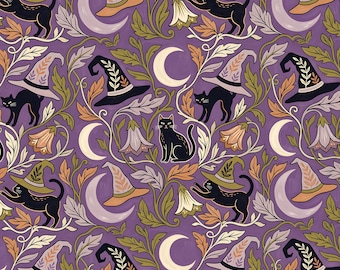 Tyg med svart katt i vintagestil för Halloween, bomullstyg, 1/2 yard