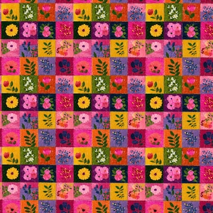 May include: A repeating grid pattern fabric featuring alternating squares of solid colors including yellow, pink, orange, purple, and dark blue. Each square contains a hand-drawn illustration of various flowers, leaves, and stems.