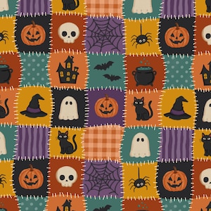 May include: A patchwork fabric pattern featuring Halloween motifs including orange jack-o'-lanterns, white ghosts, black cats, skulls, spiders, webs, bats, haunted houses, and cauldrons, all separated by white stitched lines on a multicoloured background.