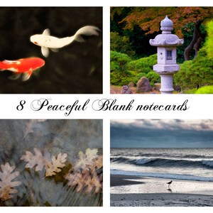 Pode incluir: Conjunto de 8 cartões em branco com cenas pacíficas da natureza. As imagens incluem um lago de peixes koi, um jardim japonês com uma lanterna de pedra, um riacho com folhas caídas e uma praia com um pássaro.