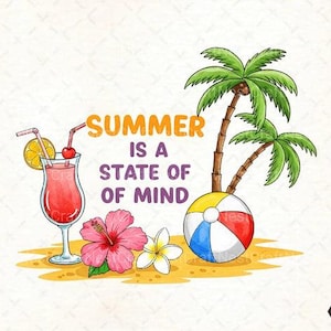Peut inclure: Une illustration numérique montrant un cocktail rouge dans un verre avec une tranche de citron et une cerise, une fleur d'hibiscus rose, un frangipanier blanc, un ballon de plage et deux palmiers. Le texte indique "SUMMER IS A STATE OF MIND".