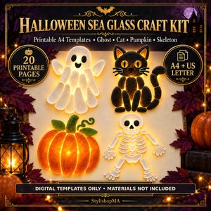 Peut inclure: Kit de loisirs créatifs Halloween en verre de mer avec 20 pages imprimables aux formats A4 et US Letter. Inclut des modèles numériques pour un fantôme, un chat, une citrouille et un squelette. Produit numérique, matériel non inclus.