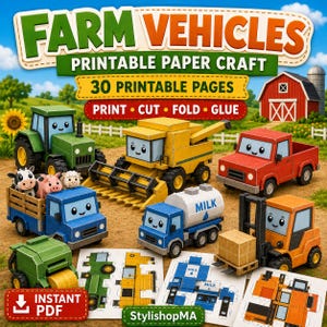 Peut inclure: Un ensemble de loisirs créatifs en papier imprimable intitulé FARM VEHICLES comprenant 30 pages. L'image montre des modèles en papier assemblés dont un tracteur vert, une moissonneuse jaune, un camion rouge, un camion-citerne bleu, un chariot élévateur orange.