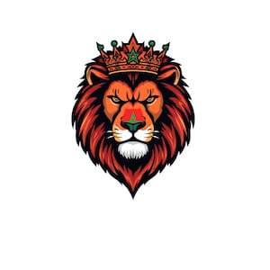 Peut inclure: Une illustration graphique d'une tête de lion avec une crinière épaisse rouge foncé et orange. Le lion porte une couronne ornée d'un emblème en forme d'étoile verte. Une étoile verte assortie est centrée sur le museau du lion.