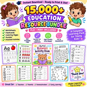 Peut inclure: Un ensemble de ressources éducatives numériques comprenant plus de 15 000 feuilles de travail, cartes mémoire, coloriages et puzzles. L'image montre des enfants en dessin animé, des fiches d'activités et le texte My First Kawaii Activity Book.