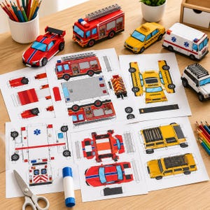 Peut inclure: Une collection de modèles de véhicules en papier comprenant un camion de pompiers, une ambulance, un taxi et une voiture de sport, accompagnés de modèles 3D finis, de ciseaux, d'un bâton de colle et d'un pot rempli de crayons de couleur.