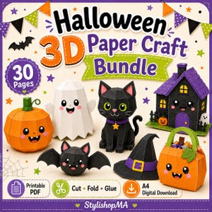 Peut inclure: Un ensemble de loisirs créatifs 3D en papier pour Halloween comprenant 30 pages de modèles PDF imprimables. L'image présente des modèles assemblés : une citrouille orange, un fantôme blanc, un chat noir, une maison hantée, une chauve-souris et un panier.