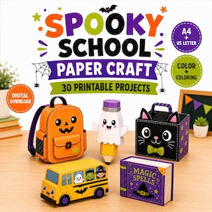 Spooky School Paper Craft Bundle, 30 Printable Halloween Crafts for Kids, Cut Fold Glue Activity, A4 & US Letter PDF