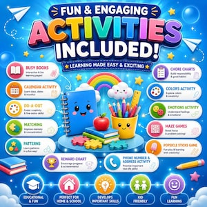 Puede incluir: Un gráfico educativo colorido titulado FUN & ENGAGING ACTIVITIES INCLUDED! que presenta un cuaderno de espiral azul, un portalápices amarillo con lápices, una manzana roja y varios iconos que representan actividades como tablas de tareas.