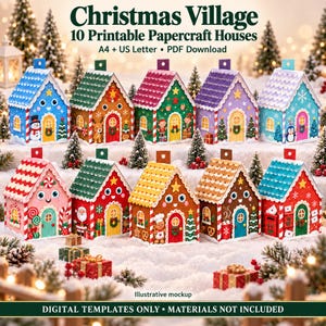 Peut inclure: Un ensemble de 10 maisons en papier à imprimer intitulé Christmas Village. Les modèles numériques présentent des designs festifs et colorés avec des bonshommes de neige et des motifs de Noël. Le texte inclut Christmas Village, 10 Printable Papercraft Houses, A4 + US Letter, PDF Download, Illustrative mockup, et DIGITAL TEMPLATES ONLY • MATERIALS NOT INCLUDED.