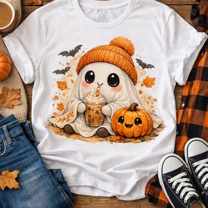 Halloween Cute Ghost Pumpkin PNG, Halloween Ghost Clipart, Kawaii Fall Ghost, Autumn Coffee Ghost, Digital Download, Sublimation