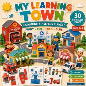 Może przedstawiać: Zestaw do zabawy My Learning Town o pomocnikach społeczności z 30 stronami do druku dla dzieci w wieku 5-9 lat. Zawiera papierowe budynki, takie jak remiza strażacka, szpital, szkoła, poczta, sklep i piekarnia, wraz z figurkami postaci.