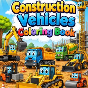 Könnte beinhalten: Ein Malbuch-Cover mit dem Titel Construction Vehicles Coloring Book, das cartoonartige Baufahrzeuge wie einen Bagger, Kipper, Betonmischer, Gabelstapler, Planierraupe und eine Straßenwalze auf einer Baustelle zeigt.