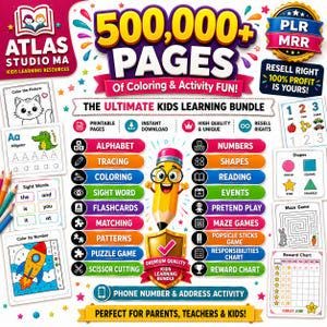 Op de afbeelding: Een digitaal educatief pakket getiteld 500,000+ PAGES Of Coloring & Activity FUN! met een centrale cartoon potloodfiguur. De afbeelding bevat lijsten met leercategorieën zoals alfabet, cijfers, vormen en doolhoven met kleurrijke iconen.