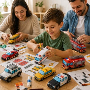 Peut inclure: Une collection de modèles de véhicules en papier comprenant un bus scolaire jaune, une voiture de sport rouge, une ambulance blanche, un camion de pompiers rouge, un SUV blanc, un taxi jaune et une voiture de police noire et blanche.