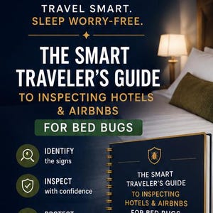 May include: A dark blue spiral-bound guide titled The Smart Traveler's Guide to Inspecting Hotels & Airbnbs for Bed Bugs. The cover features gold text and icons of a bed, a magnifying glass, and a shield. It includes sections to identify signs, inspect with confidence, and protect your home and health.