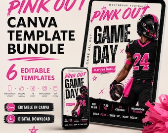 Pink Out Football Social Media Templates | Editable Canva Game Day & Player Spotlight Graphics