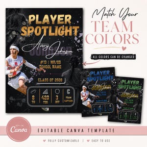 May include: An editable digital template for a sports player spotlight graphic. The design features bold text reading PLAYER SPOTLIGHT, Avery Johnson, #13, WR/DB, SCHOOL NAME, CLASS OF 2028, and stats including 8 TD, 420 YDS, 3 INT, and TEAM CAPTAIN.
