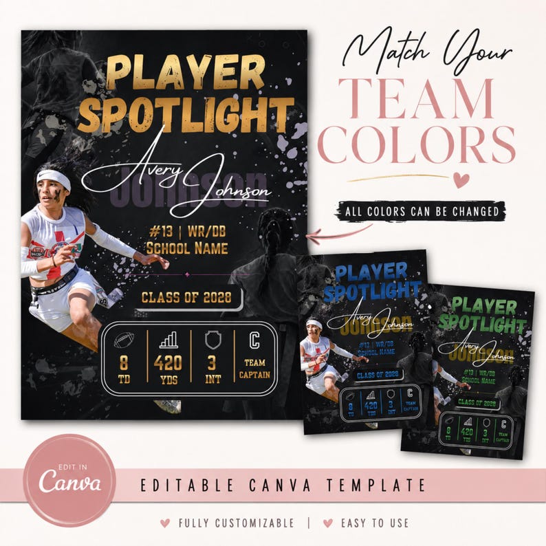 May include: An editable digital template for a sports player spotlight graphic. The design features bold text reading PLAYER SPOTLIGHT, Avery Johnson, #13, WR/DB, SCHOOL NAME, CLASS OF 2028, and stats including 8 TD, 420 YDS, 3 INT, and TEAM CAPTAIN.