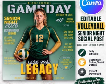 Volleyball Senior Night Instagram Post Template, Editable Canva Athlete Graphic, Social Media 1080x1080