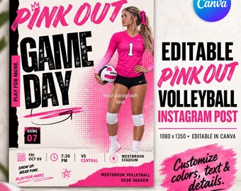 Pink Out Volleyball Instagram Post Template, Editable Canva - Game Day Graphics