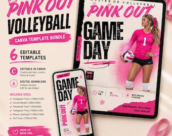 Pink Out Volleyball Social Media Templates | Editable Canva Game Day & Player Spotlight Graphics