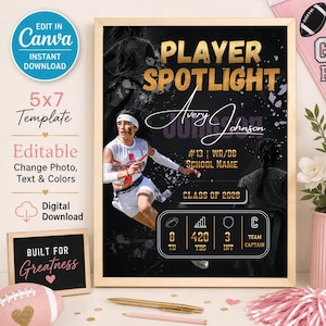 May include: A digital sports poster template featuring the text PLAYER SPOTLIGHT, Avery Johnson, #13, WR/DB, SCHOOL NAME, CLASS OF 2028, 8 TD, 420 YDS, 3 INT, and TEAM CAPTAIN. The design includes a photo of a football player in a white uniform.