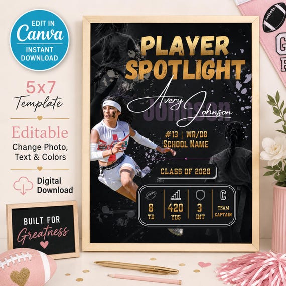 Girls Flag Football Player Spotlight Template | Editable Canva 5x7 Senior Night Athlete Card