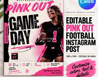 Pink Out Football Social Media Template: Canva Editable Game Day Post