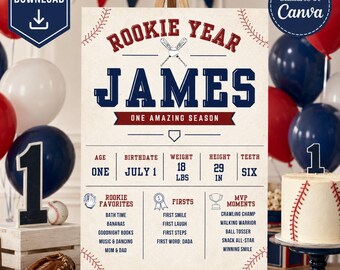 Baseball First Birthday Milestone Board | Editable Canva Rookie Year Poster | 24x32 Printable Sign