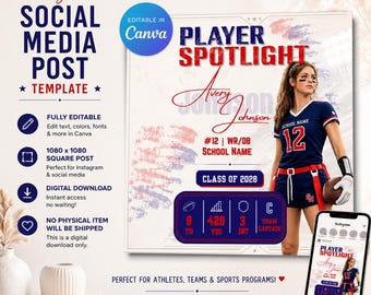 Girls Flag Football Player Spotlight Template | Editable Canva Instagram Social Media Graphic
